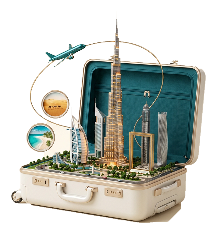 Floating 3D travel suitcase diorama with Dubai's skyline and a flight route